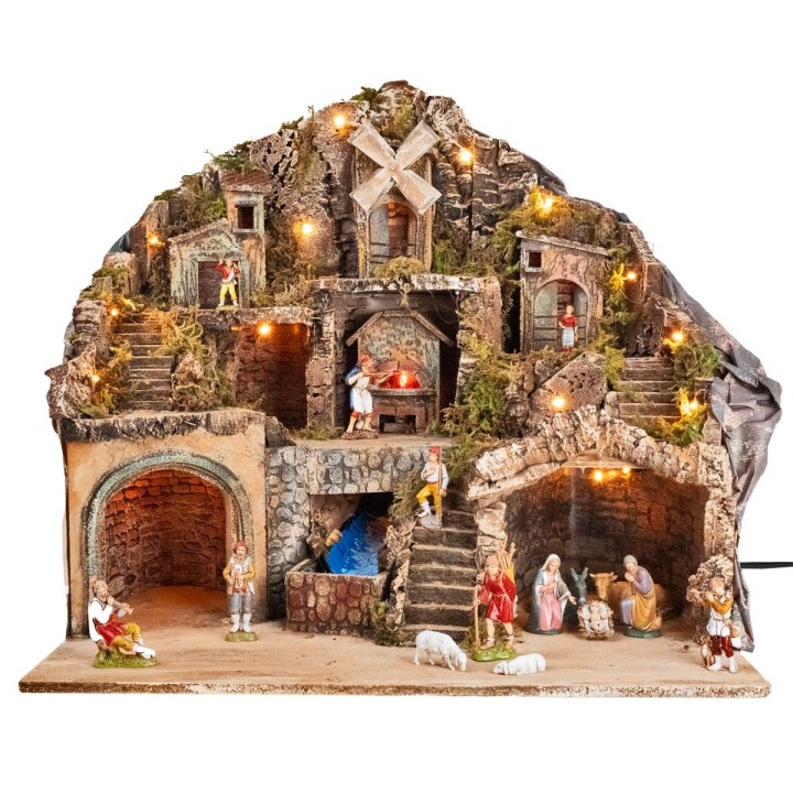 Presepe con statue Landi illuminato con forno, ruscello e