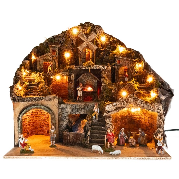 Nativity scene with Landi statues illuminated with oven, stream