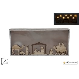 Natività in legno con stelle illuminata a batteria con pile