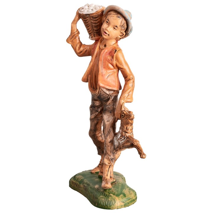 Shepherd with dog and basket on shoulders h 18 cm
