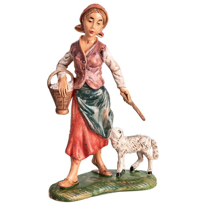 Mujer con cesta y ovejita h 17-18 cm