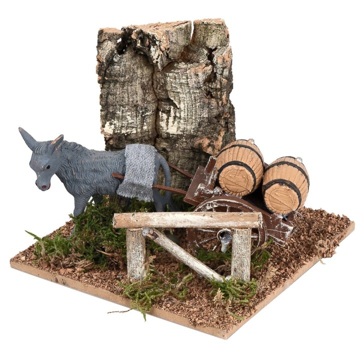 Asino con carro e botti per presepe cm 15x15x12,5 h