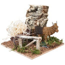 Ox with cart loaded with straw for nativity scene cm 15x15x12 h
