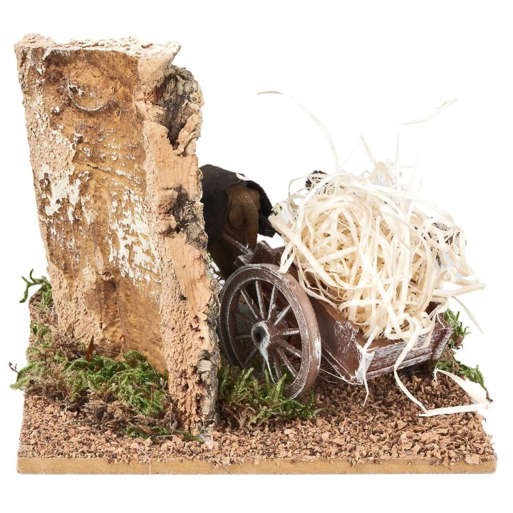 Bue con carro carico di paglia per presepe cm 15x15x12 h