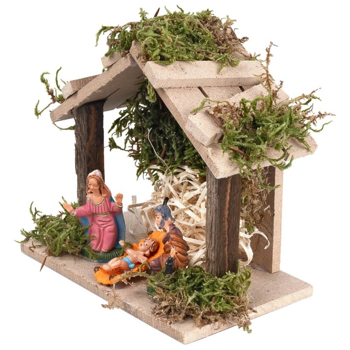 Cabaña de madera completa con natividad de 13,5x8x12 cm h