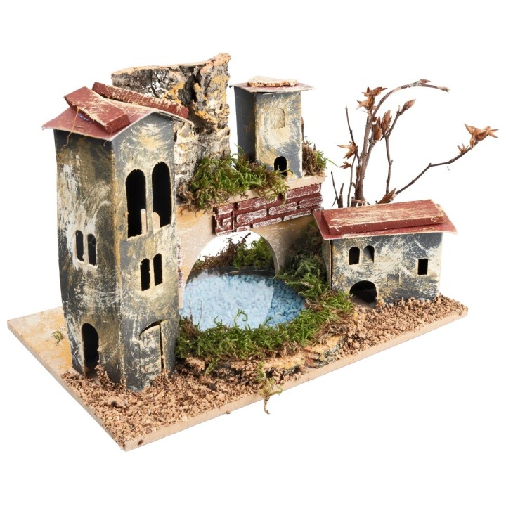 Bridge with tower and lake depth effect cm 24x15x12.5 h