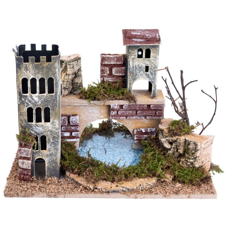 Bridge with tower and lake depth effect cm 24x15x12.5 h
