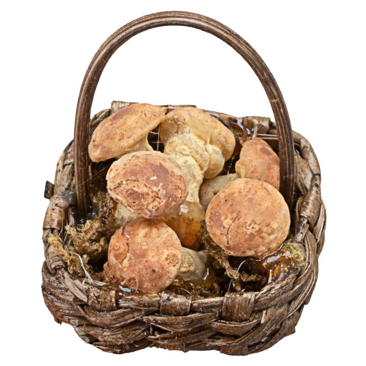 Cesta con hongos en mimbre para figuras de 15-20 cm