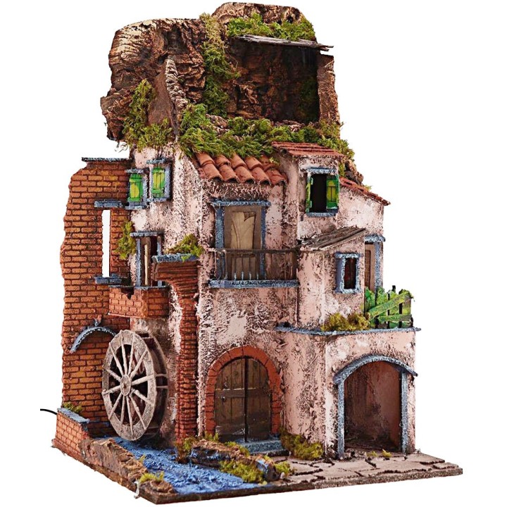 Illuminated village with working mill cm 40x40x65 h