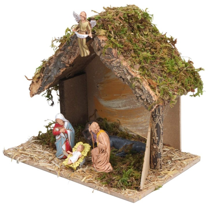Hut with complete Nativity and side fence cm 24x14.5x20.5 h