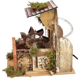 Mulino ad acqua funzionante con muretto frontale, cm 23x18x23 h