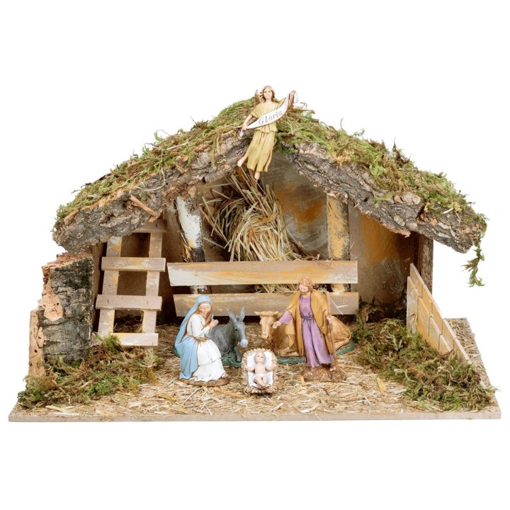 Cabaña con pesebre y escalera lateral completa con estatuas