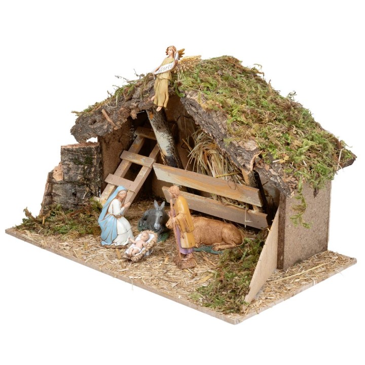 Stable with manger and side ladder complete with Landi statues