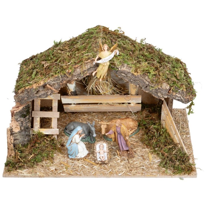 Cabaña con pesebre y escalera lateral completa con estatuas