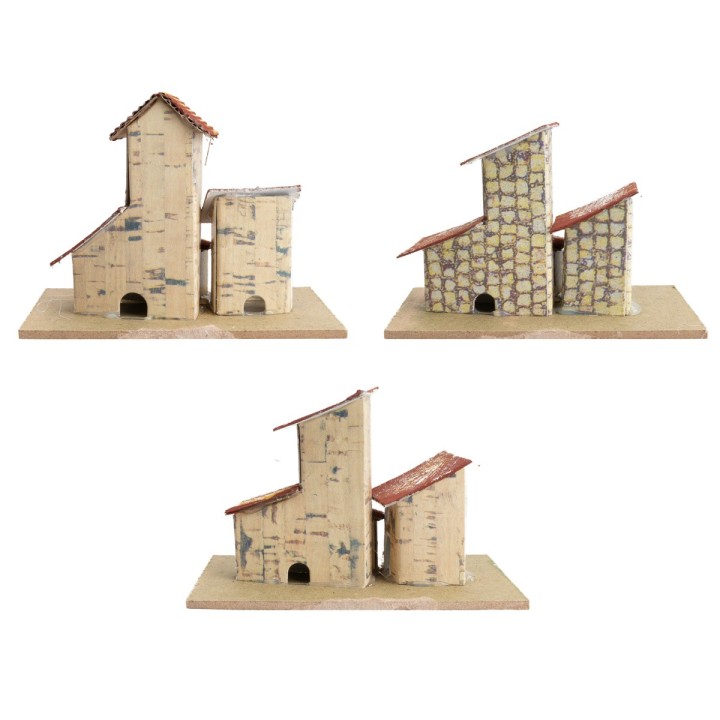 Set of three small houses with roof facing right cm 10x6.2x7.5 h