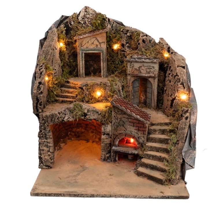 Pesebre iluminado con horno funcionando a corriente cm 33x29x37