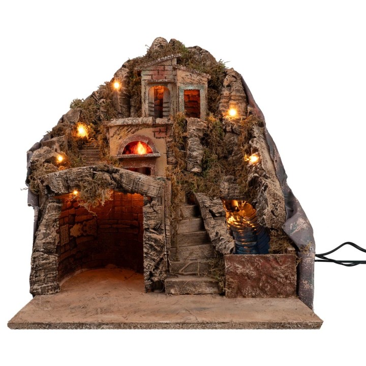 Presepe illuminato con forno e ruscello funzionante a corrente