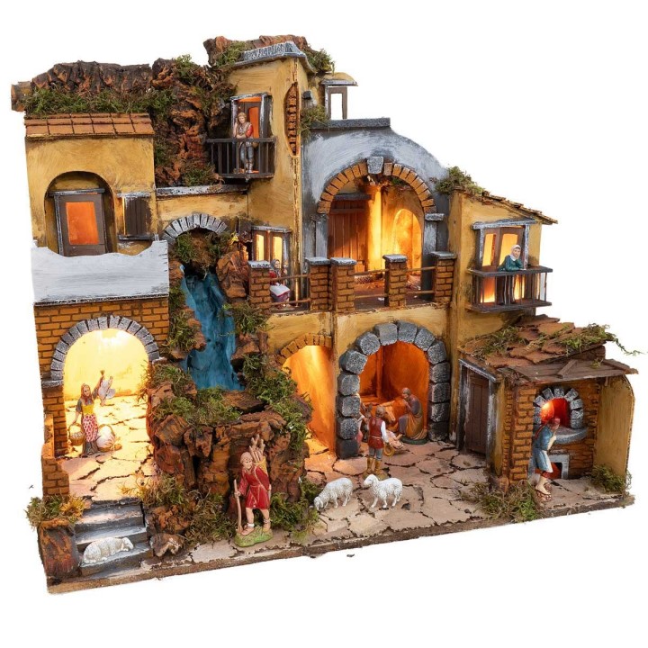 Pesebre con aldea iluminada con cascada 60x40