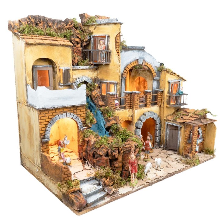Nativity scene with illuminated village and waterfall 60x40