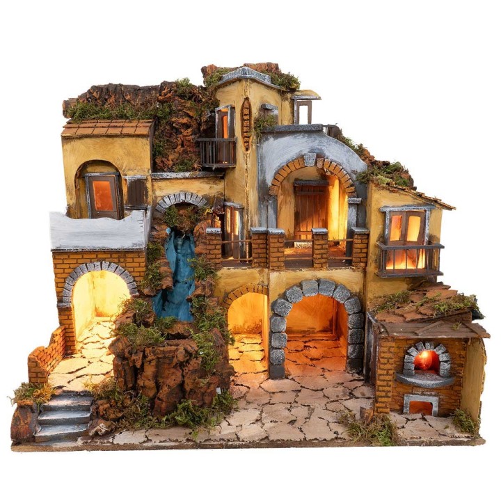 Pesebre con aldea iluminada con cascada 60x40