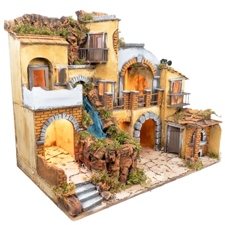 Pesebre con aldea iluminada con cascada 60x40
