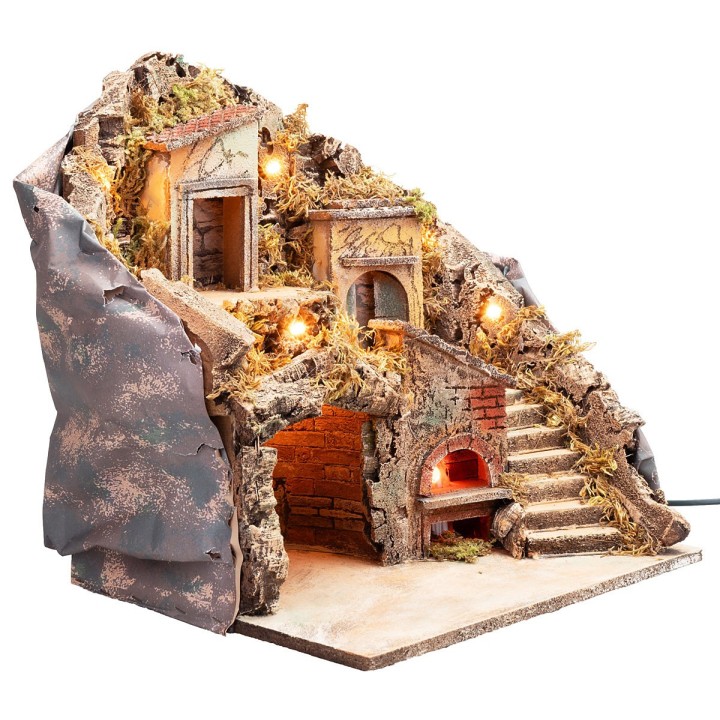 Lit nativity scene with oven powered by electricity cm 33x29x37