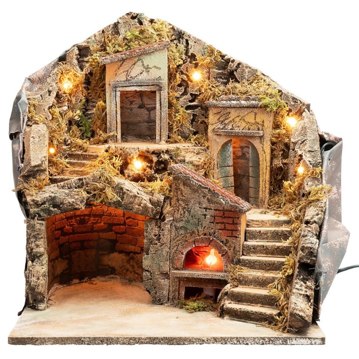 Lit nativity scene with oven powered by electricity cm 33x29x37