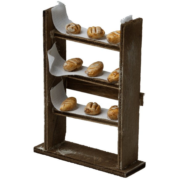 Estante de madera con pan - Puestos para belén.