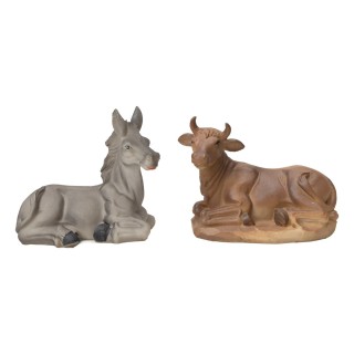 Set bue e asino seduti in resina per statue da 15 cm