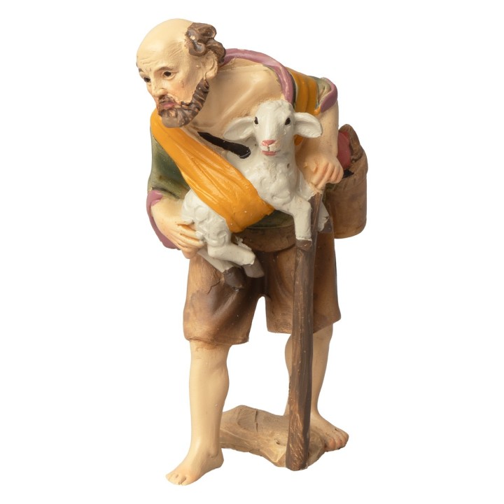 Pastore con agnello nel panno e bastone serie 8-9 cm in resina