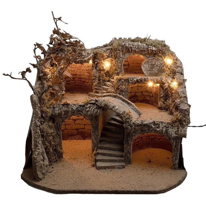 Illuminated Easter nativity scene with multiple levels cm