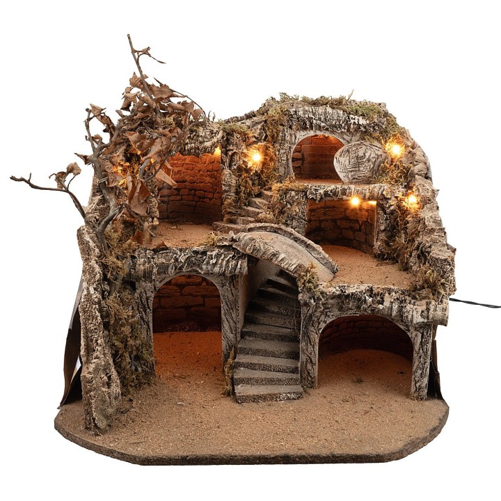 Illuminated Easter nativity scene with multiple levels cm