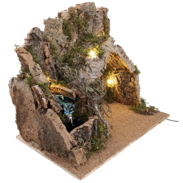 Illuminated nativity scene with stable made of cork bark and