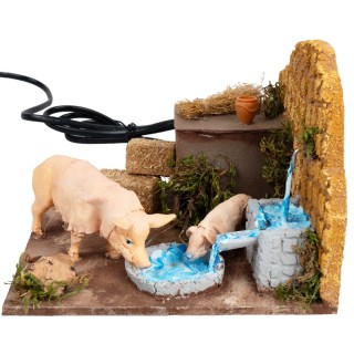 Porcilaia con due maiali alla fontana con doppio movimento cm
