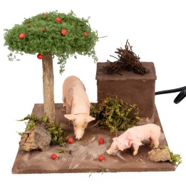 Maiali con doppio movimento e albero di mele per presepe cm