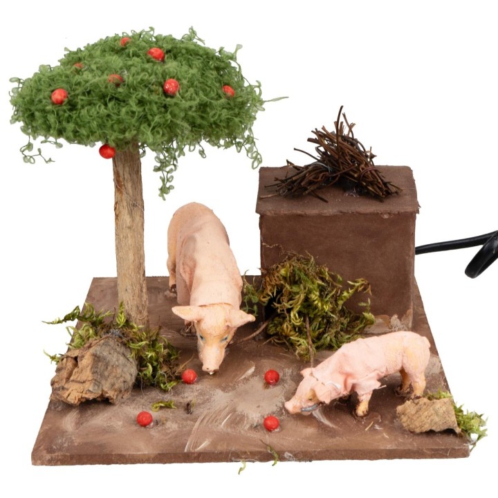 Cerdos con doble movimiento y árbol de manzanas para belén cm