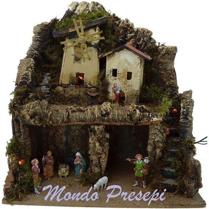 Presepe completo con mulino a vento e luci cm 42x35x38 h.